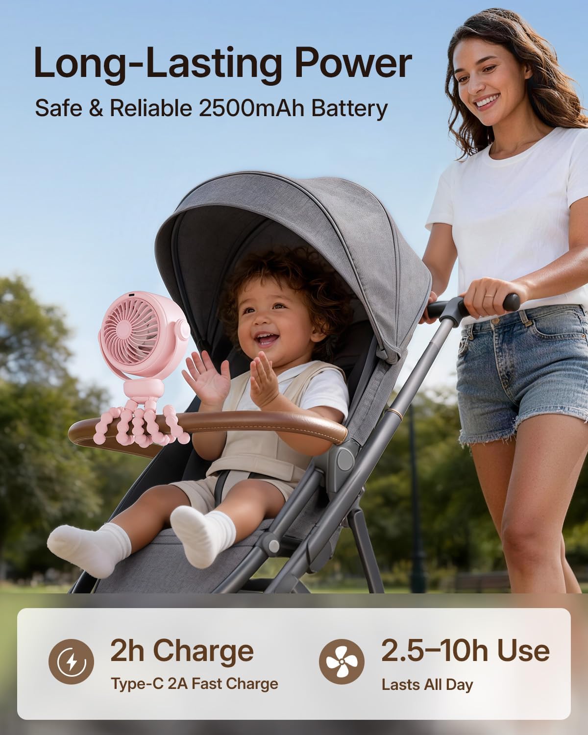 Portable Stroller Fan, Pinch-Proof Baby Fan - Pink