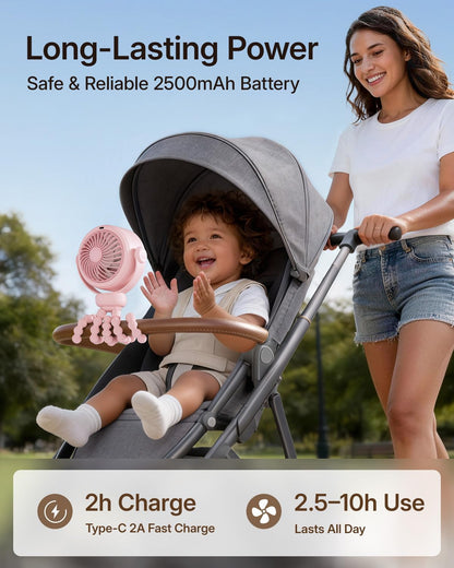 Portable Stroller Fan, Pinch-Proof Baby Fan - Pink