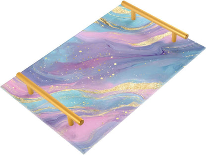 Pastel Pink Blue Marble Bathroom Perfume Vanity Tray Acrylic Serving Tray with Handles Decorative Party Platters for Coffee Tea Table Kitchen Countertop