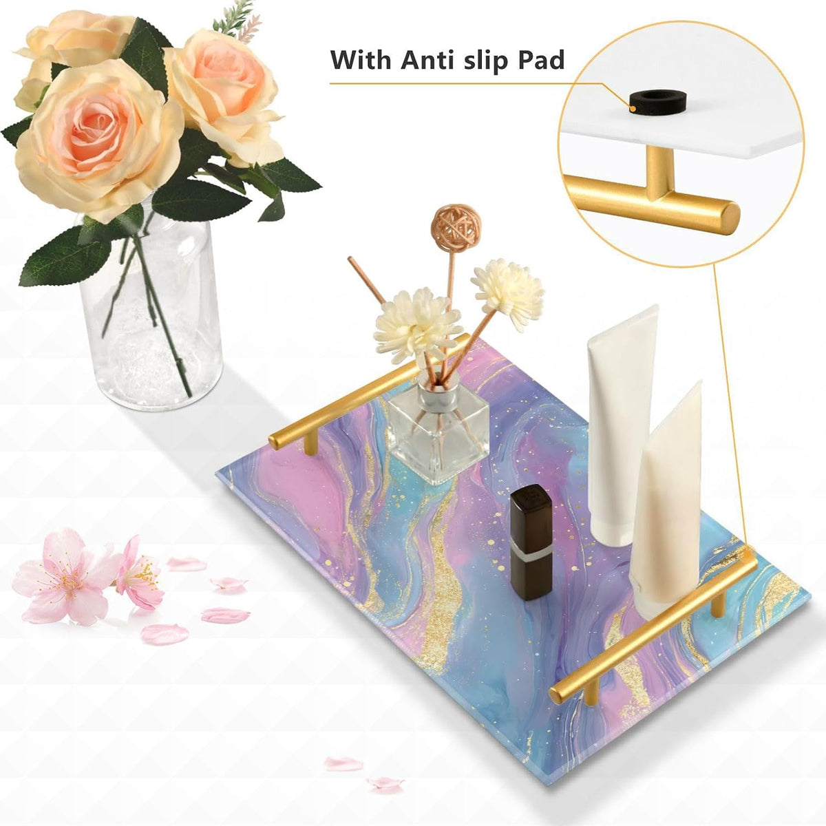 Pastel Pink Blue Marble Bathroom Perfume Vanity Tray Acrylic Serving Tray with Handles Decorative Party Platters for Coffee Tea Table Kitchen Countertop