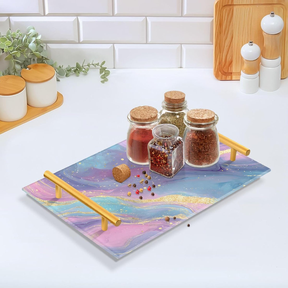 Pastel Pink Blue Marble Bathroom Perfume Vanity Tray Acrylic Serving Tray with Handles Decorative Party Platters for Coffee Tea Table Kitchen Countertop