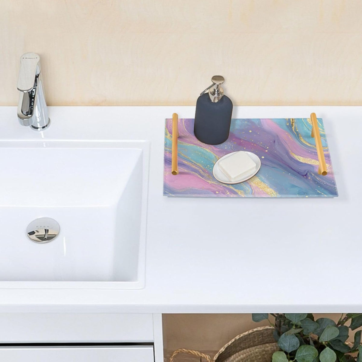 Pastel Pink Blue Marble Bathroom Perfume Vanity Tray Acrylic Serving Tray with Handles Decorative Party Platters for Coffee Tea Table Kitchen Countertop