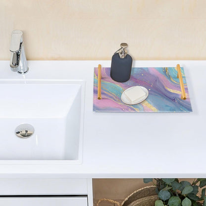 Pastel Pink Blue Marble Bathroom Perfume Vanity Tray Acrylic Serving Tray with Handles Decorative Party Platters for Coffee Tea Table Kitchen Countertop