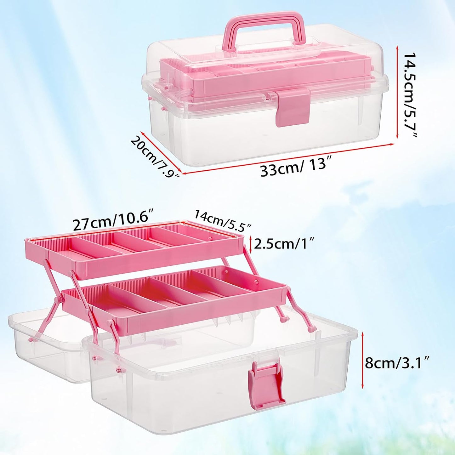 3-Layer Clear Plastic Dividing Storage Box Craft Organizer and Storage with Adjustable Spacers Portable Handled Art Supply Organizer Multipurpose Home Utility Box Sewing Organizers (Pink)