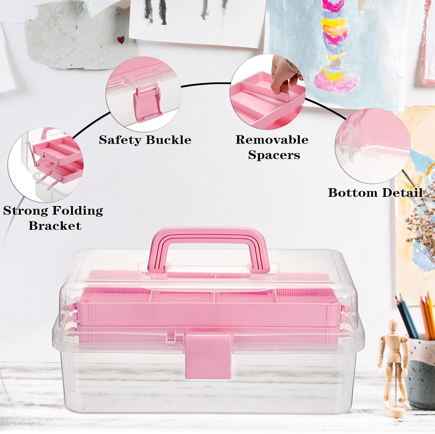 3-Layer Clear Plastic Dividing Storage Box Craft Organizer and Storage with Adjustable Spacers Portable Handled Art Supply Organizer Multipurpose Home Utility Box Sewing Organizers (Pink)
