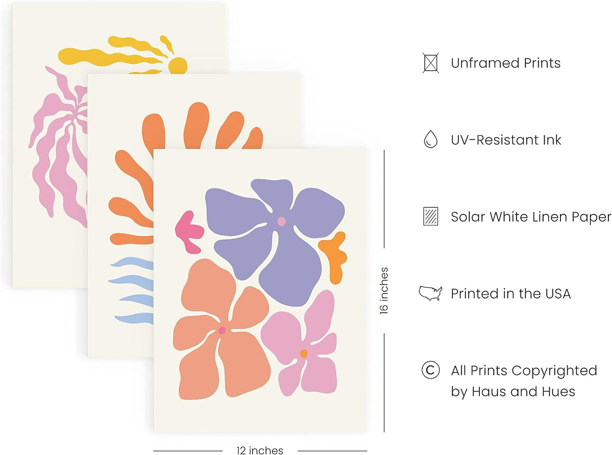 HAUS AND HUES Danish Pastel Preppy Prints - Set of 3 Flower Posters for Room Aesthetic, Pink Pictures for Wall Decor, Preppy Posters for Bedroom, Minimalist Abstract Wall Art (12x16, Unframed)