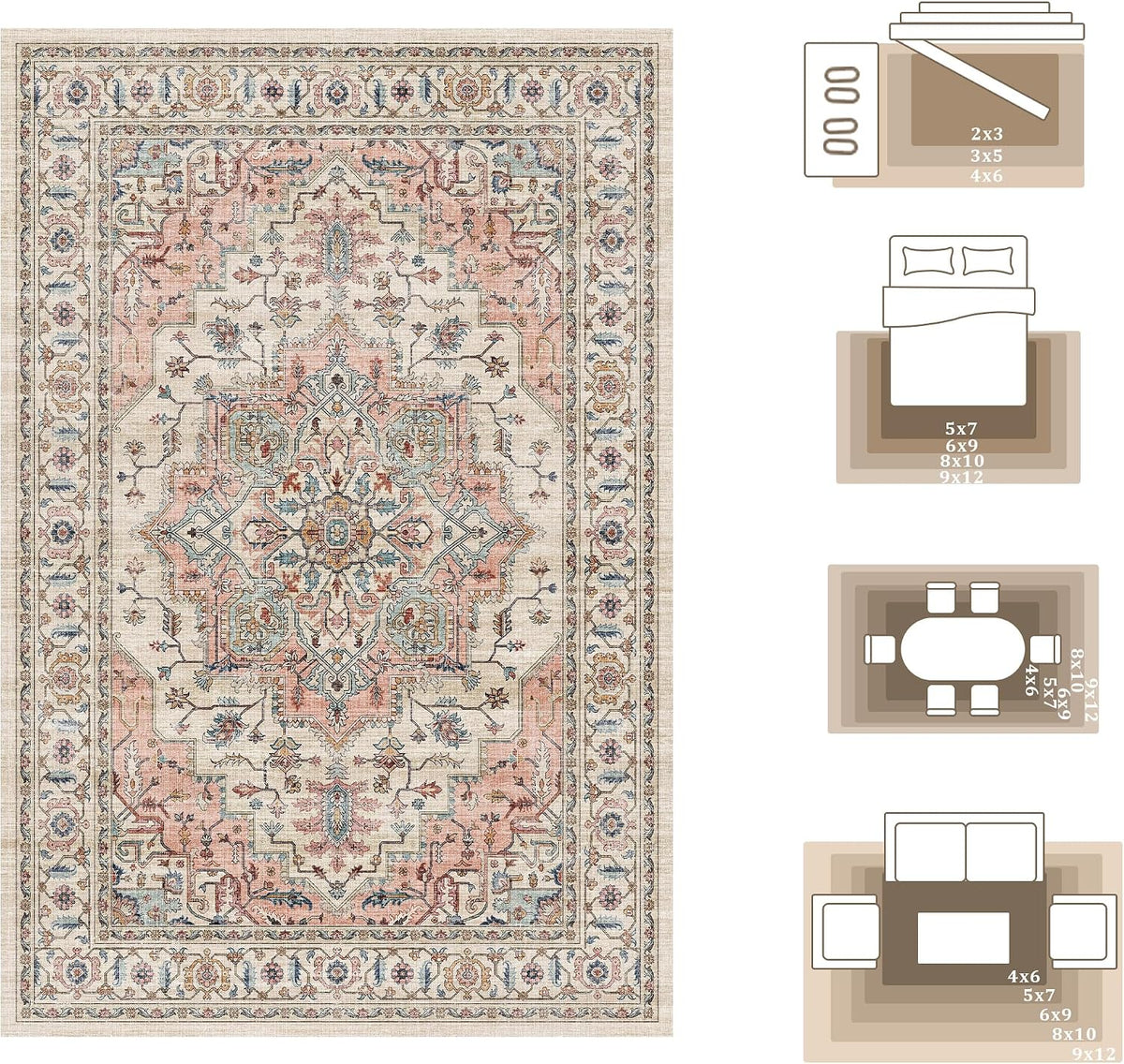 9x12 Area Rug for Living Room Large Washable Vintage Area Rug
