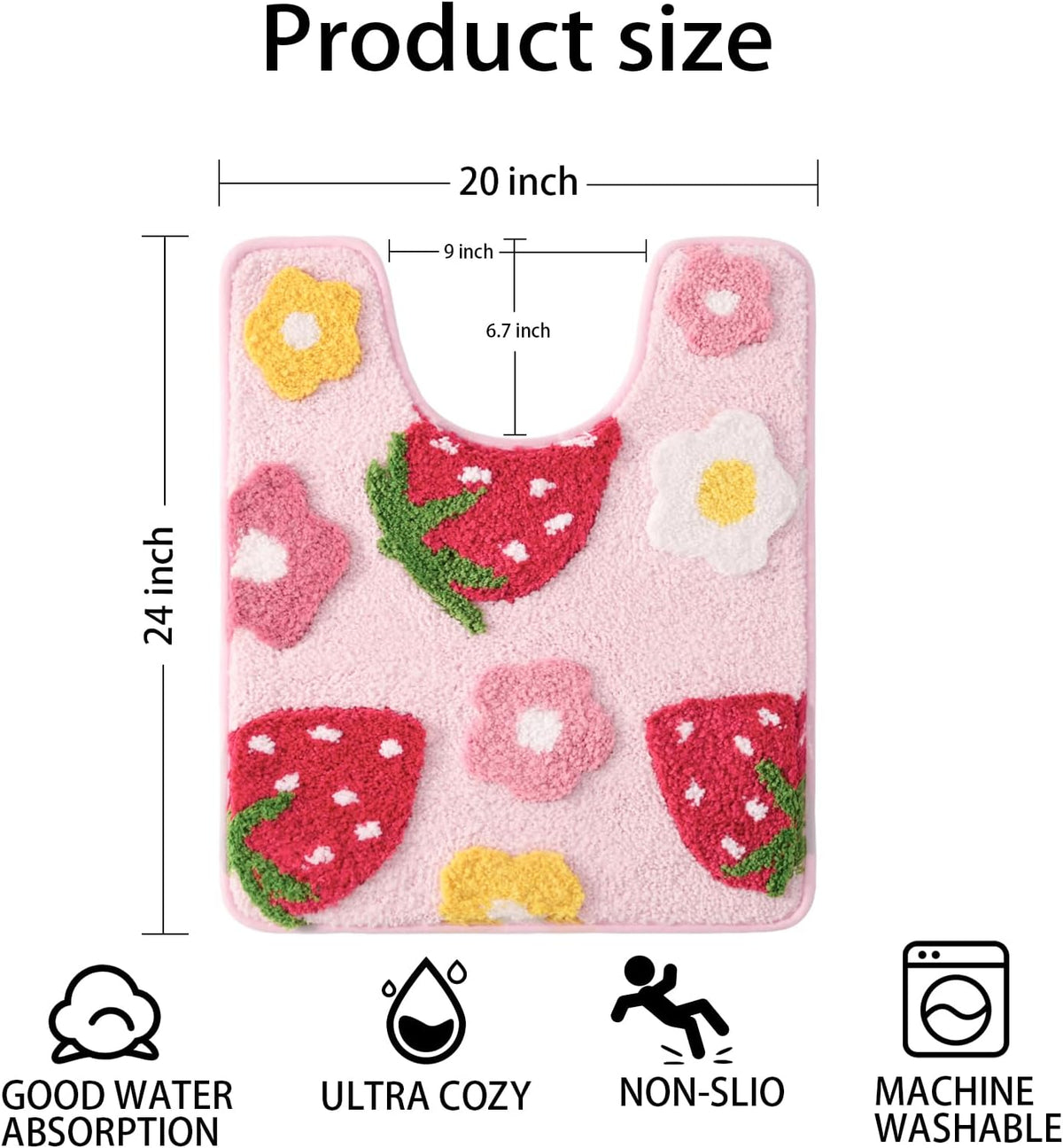 Anybar U-Shaped Toilet Rug 20x24'' - Super Soft Absorbent Bathroom Mat with Cute Strawberry & Flower Design, Non-Slip Quick-Dry Washable Contour Rug for Toilet, Bath Mats for Bathroom Decor（Pink）