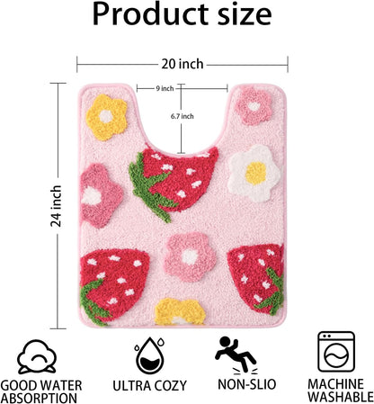 Anybar U-Shaped Toilet Rug 20x24'' - Super Soft Absorbent Bathroom Mat with Cute Strawberry & Flower Design, Non-Slip Quick-Dry Washable Contour Rug for Toilet, Bath Mats for Bathroom Decor（Pink）