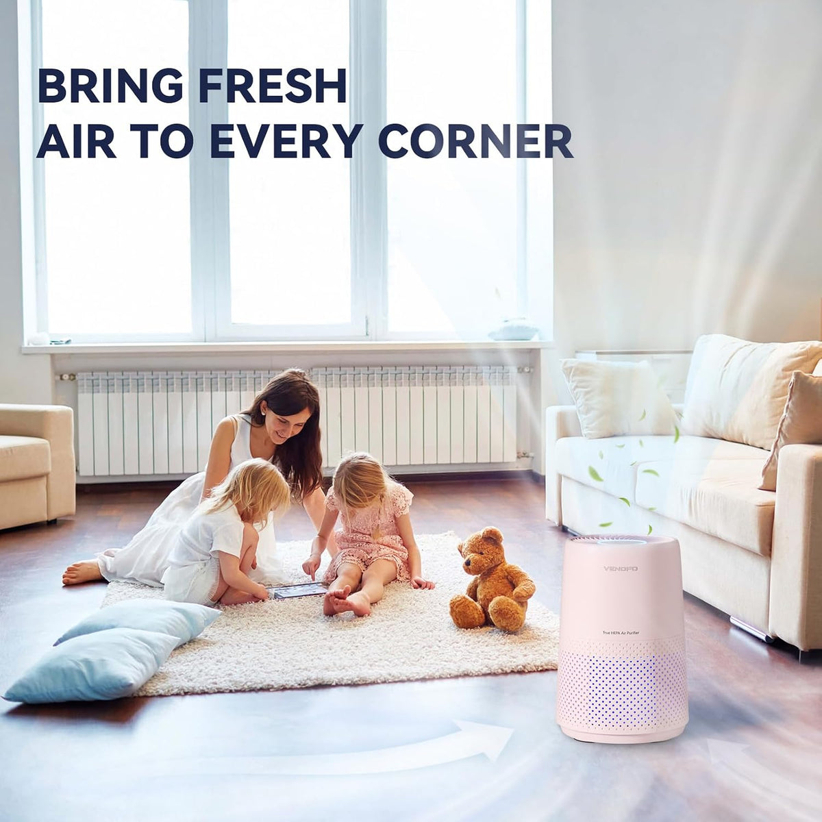 Air Purifiers for Bedroom, H13 HEPA Air Purifiers - Covers Up to 1074 ft² - 24dB Ultra-Quiet Sleep Mode, 360° Outlet Air Cleaner, Perfect for Home, Pets (Cream Pink)