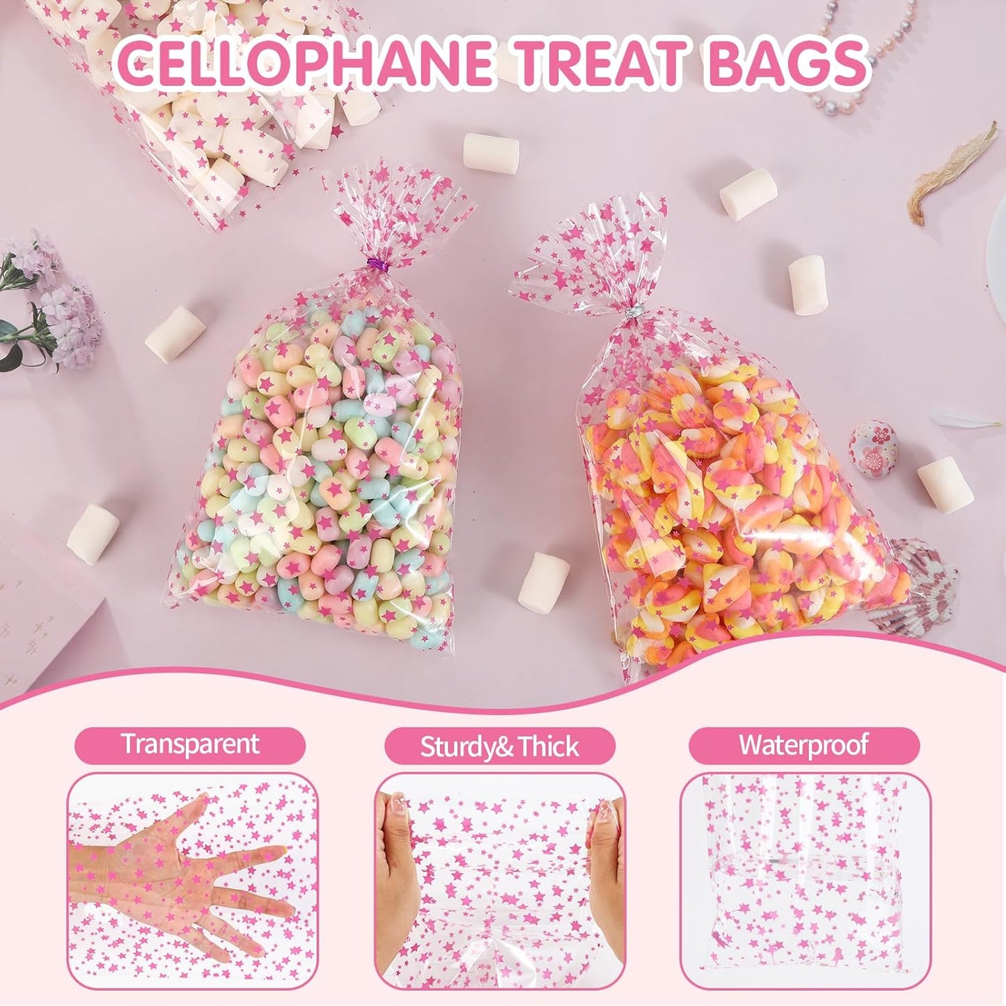 100 Pcs Pink Star 7"X12" Gift Wrap Cello Cellophane Treat Bags Party Favor Bags Clear Candy Cookie Plastic Poly Goodie Storage Bags with Twist Ties for Baby Shower, Gender Reveal, Birthday