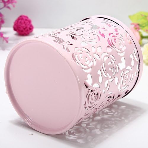 2 Pack Hollow Rose Flower Pattern Metal Pen Pencil Pot Cup Holder Desk Container Organizer,2 Pieces,Pink