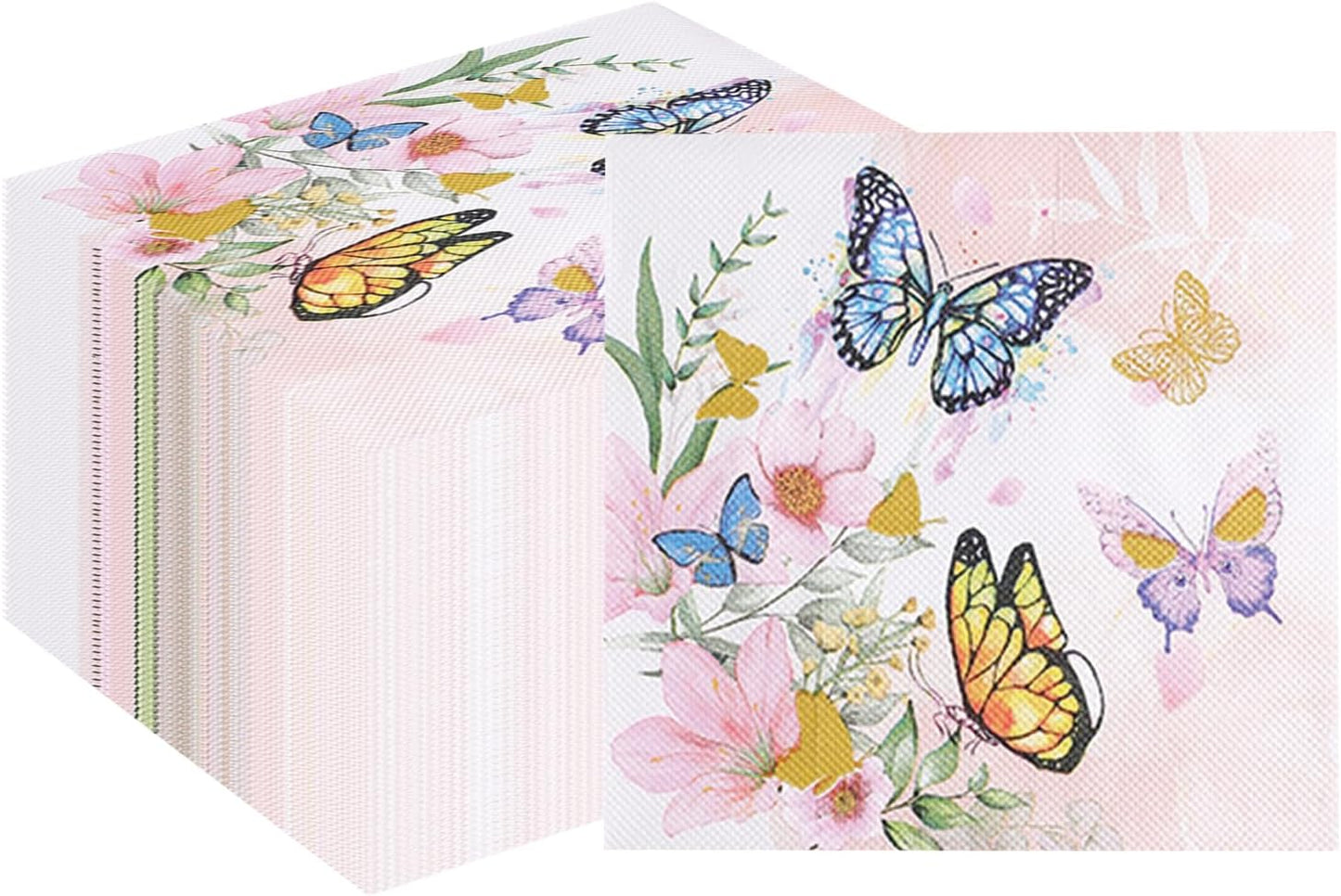 100 Pack Pink Floral Napkins, Spring Cocktail Napkins Flower Butterfly Design, Paper Napkins for Wedding, Baby Shower, Birthday Party, 6.5 x 6.5 Inch