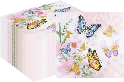 100 Pack Pink Floral Napkins, Spring Cocktail Napkins Flower Butterfly Design, Paper Napkins for Wedding, Baby Shower, Birthday Party, 6.5 x 6.5 Inch