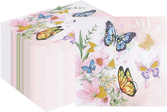 100 Pack Pink Floral Napkins, Spring Cocktail Napkins Flower Butterfly Design, Paper Napkins for Wedding, Baby Shower, Birthday Party, 6.5 x 6.5 Inch