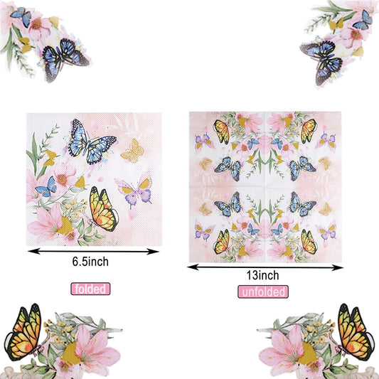100 Pack Pink Floral Napkins, Spring Cocktail Napkins Flower Butterfly Design, Paper Napkins for Wedding, Baby Shower, Birthday Party, 6.5 x 6.5 Inch