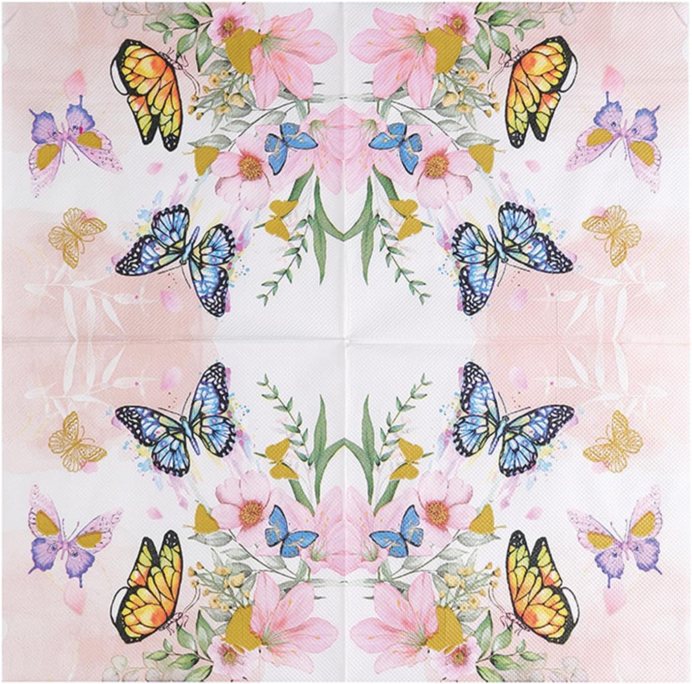 100 Pack Pink Floral Napkins, Spring Cocktail Napkins Flower Butterfly Design, Paper Napkins for Wedding, Baby Shower, Birthday Party, 6.5 x 6.5 Inch