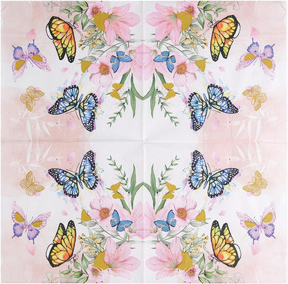 100 Pack Pink Floral Napkins, Spring Cocktail Napkins Flower Butterfly Design, Paper Napkins for Wedding, Baby Shower, Birthday Party, 6.5 x 6.5 Inch