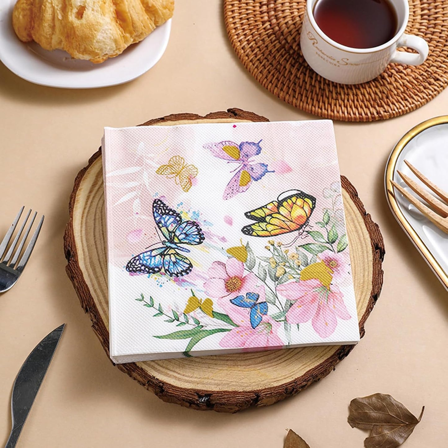 100 Pack Pink Floral Napkins, Spring Cocktail Napkins Flower Butterfly Design, Paper Napkins for Wedding, Baby Shower, Birthday Party, 6.5 x 6.5 Inch
