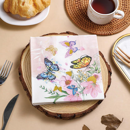 100 Pack Pink Floral Napkins, Spring Cocktail Napkins Flower Butterfly Design, Paper Napkins for Wedding, Baby Shower, Birthday Party, 6.5 x 6.5 Inch