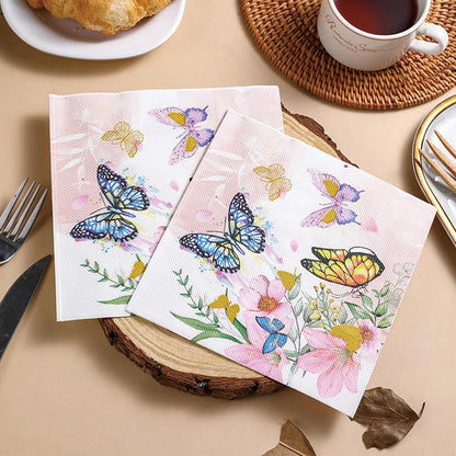 100 Pack Pink Floral Napkins, Spring Cocktail Napkins Flower Butterfly Design, Paper Napkins for Wedding, Baby Shower, Birthday Party, 6.5 x 6.5 Inch
