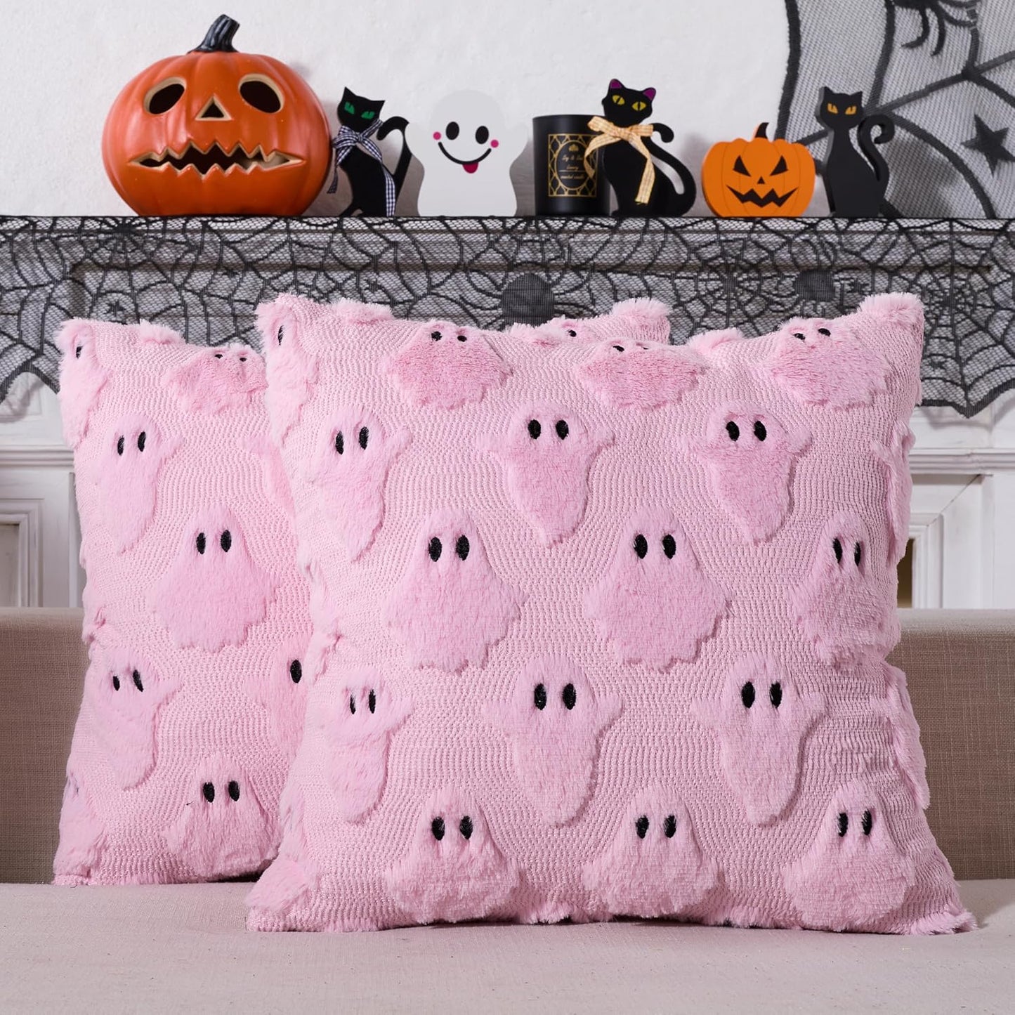 Halloween Decor Pillow Covers 18x18 inch Set of 2 Cute Ghost Throw Pillow Cases Soft Plush Faux Fur Couch Cushion Case for Chair Bed Sofa Bedroom Living Room Halloween Decorations Pink