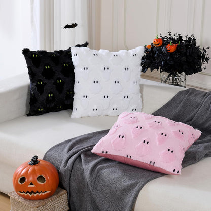 Halloween Decor Pillow Covers 18x18 inch Set of 2 Cute Ghost Throw Pillow Cases Soft Plush Faux Fur Couch Cushion Case for Chair Bed Sofa Bedroom Living Room Halloween Decorations Pink