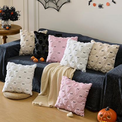 Halloween Decor Pillow Covers 18x18 inch Set of 2 Cute Ghost Throw Pillow Cases Soft Plush Faux Fur Couch Cushion Case for Chair Bed Sofa Bedroom Living Room Halloween Decorations Pink