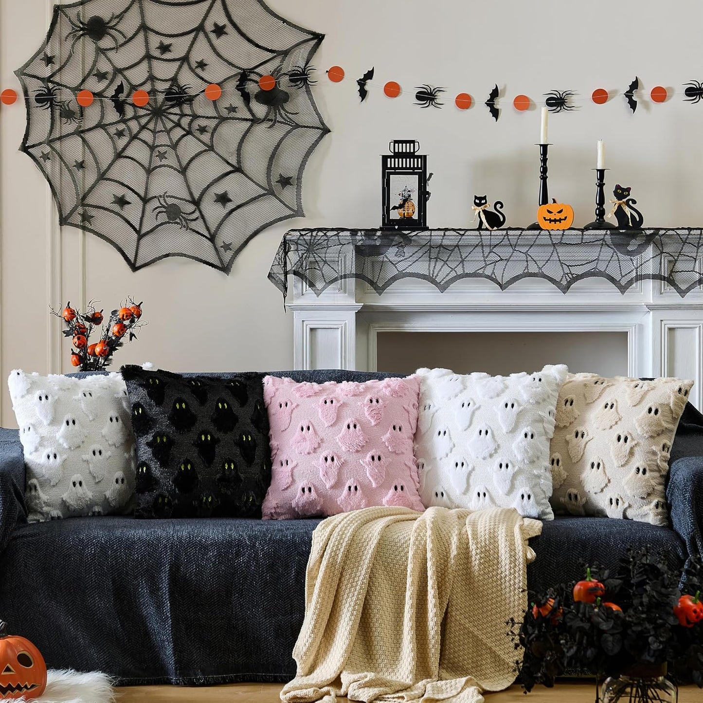 Halloween Decor Pillow Covers 18x18 inch Set of 2 Cute Ghost Throw Pillow Cases Soft Plush Faux Fur Couch Cushion Case for Chair Bed Sofa Bedroom Living Room Halloween Decorations Pink