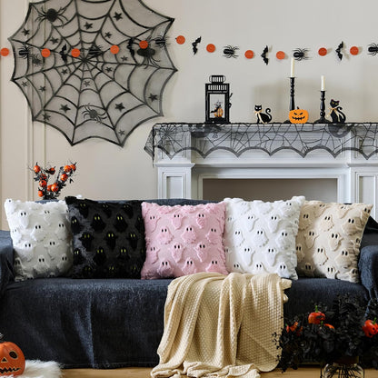 Halloween Decor Pillow Covers 18x18 inch Set of 2 Cute Ghost Throw Pillow Cases Soft Plush Faux Fur Couch Cushion Case for Chair Bed Sofa Bedroom Living Room Halloween Decorations Pink