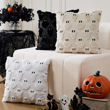 Halloween Decor Pillow Covers 18x18 inch Set of 2 Cute Ghost Throw Pillow Cases Soft Plush Faux Fur Couch Cushion Case for Chair Bed Sofa Bedroom Living Room Halloween Decorations Pink