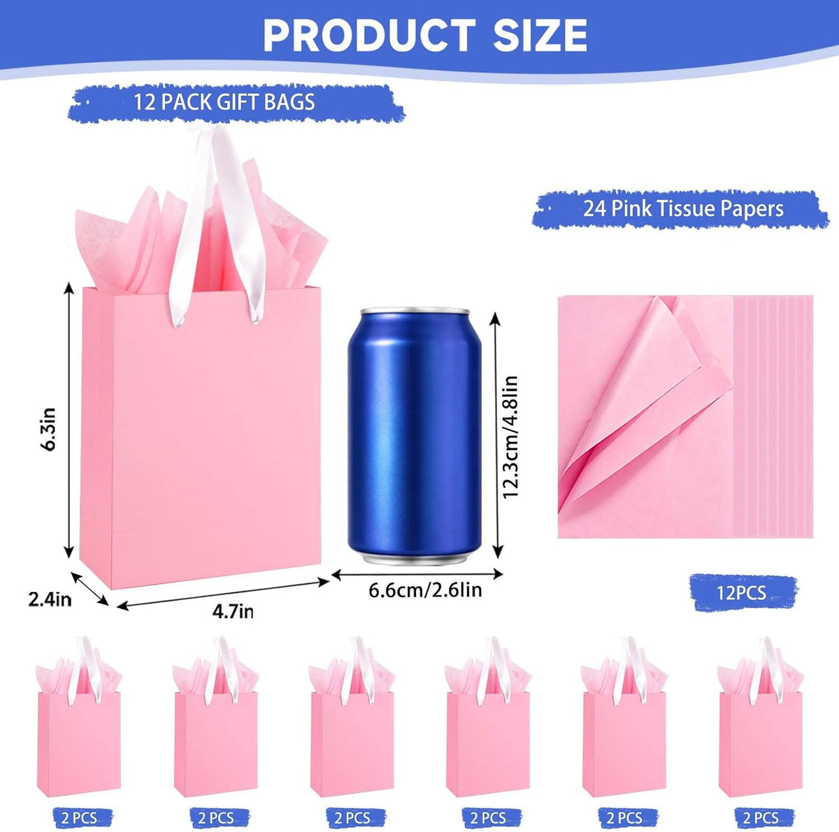 12 Pack Small Pink Gift Bags with Handles & 24 Tissue Paper