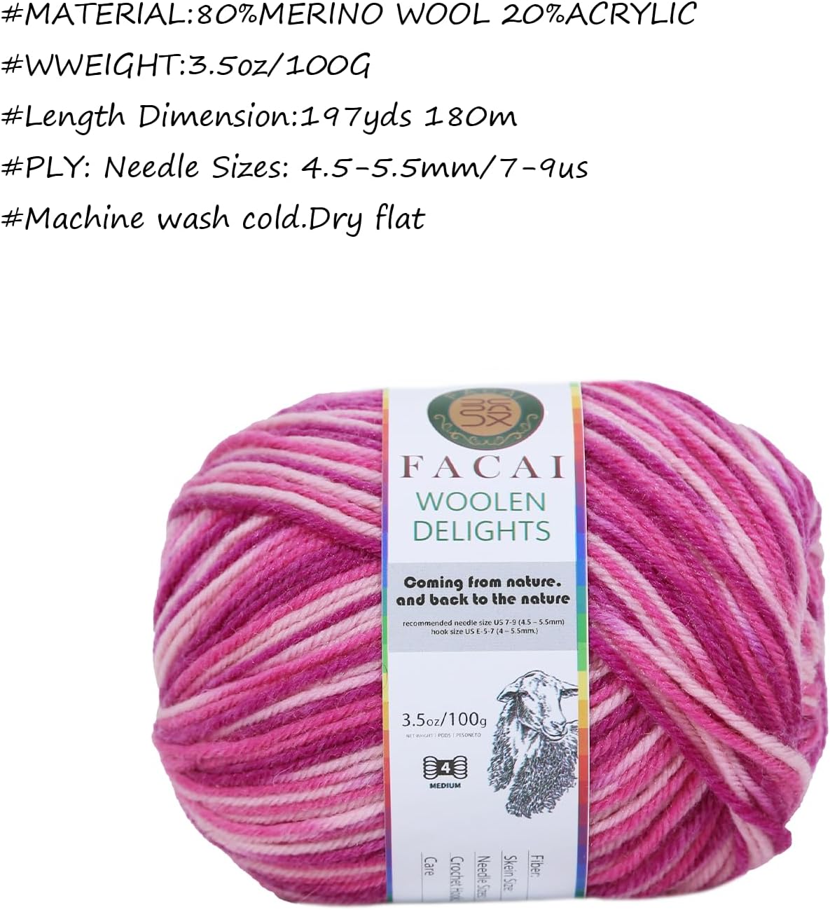 Facai Blend Merino Wool Yarn for Knitting - Worsted Weight,197yds (3.5oz) Ball, Ideal for Sweaters, Scarves, and Accessories (3, Peach Flower)