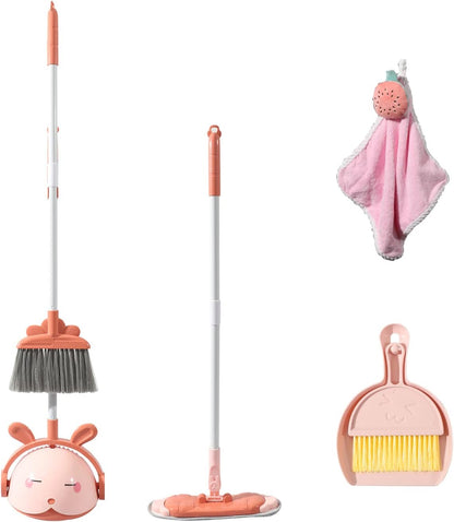 Kids Cleaning Toy Set, Mini Child Broom, Mop and Dustpan, Little Housekeeping Helper Set ,Pretend Home Cleaning Play Set for Toddler Height 75-115cm ,6pcs (Pink)