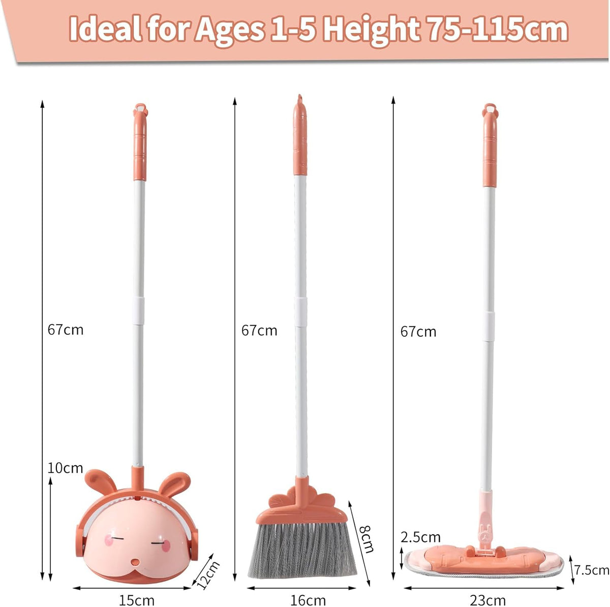 Kids Cleaning Toy Set, Mini Child Broom, Mop and Dustpan, Little Housekeeping Helper Set ,Pretend Home Cleaning Play Set for Toddler Height 75-115cm ,6pcs (Pink)