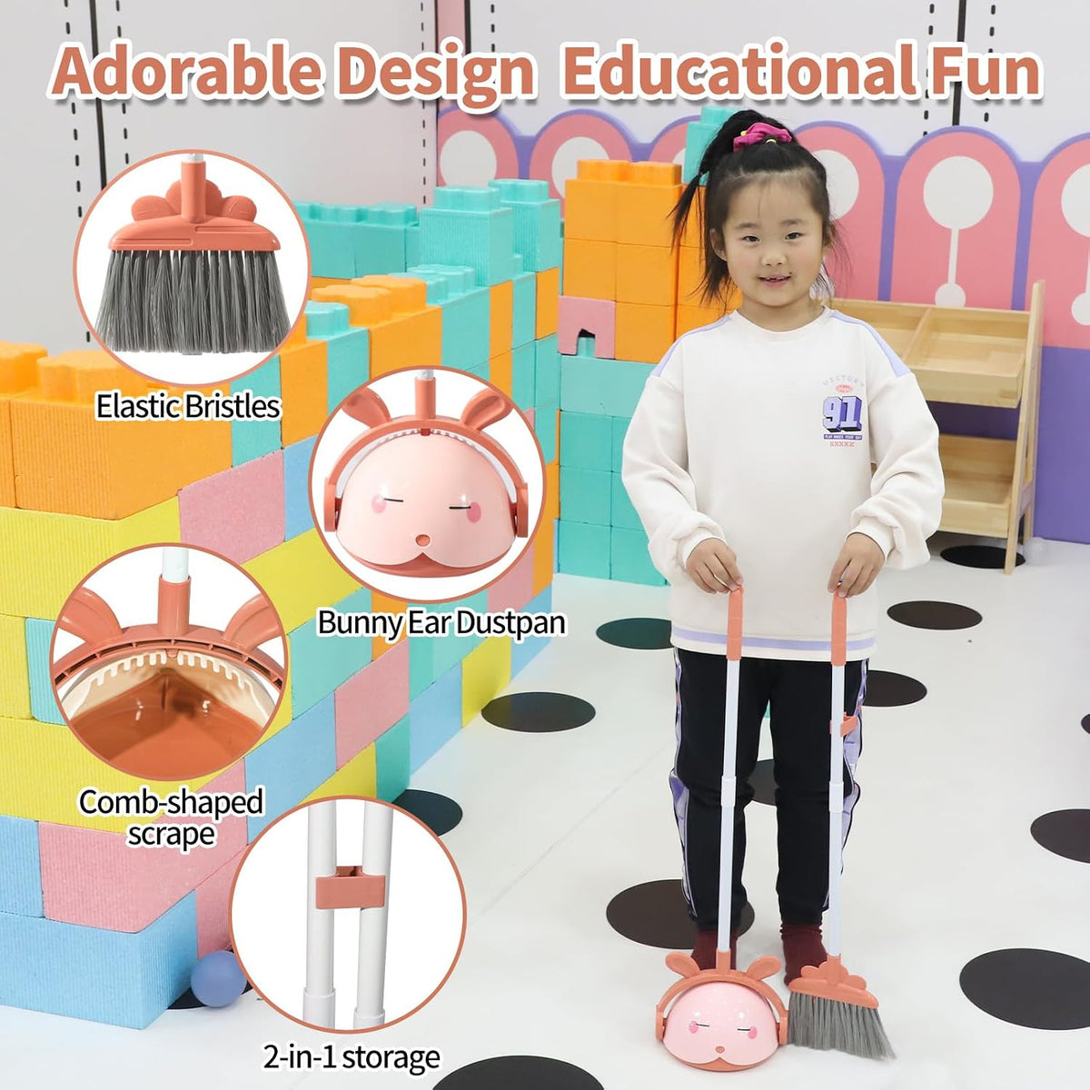 Kids Cleaning Toy Set, Mini Child Broom, Mop and Dustpan, Little Housekeeping Helper Set ,Pretend Home Cleaning Play Set for Toddler Height 75-115cm ,6pcs (Pink)