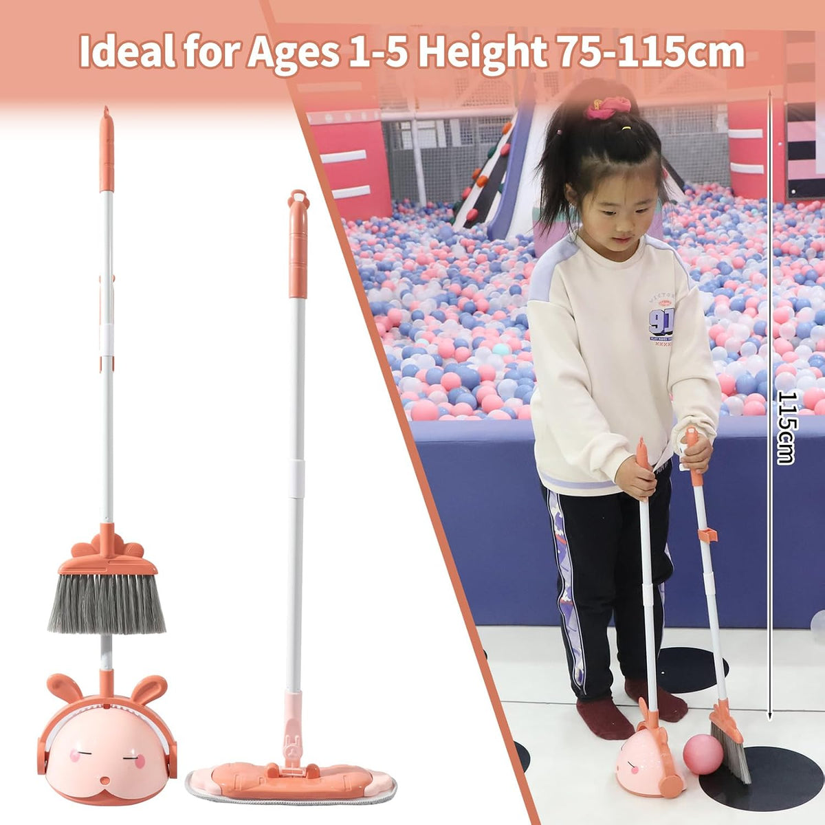 Kids Cleaning Toy Set, Mini Child Broom, Mop and Dustpan, Little Housekeeping Helper Set ,Pretend Home Cleaning Play Set for Toddler Height 75-115cm ,6pcs (Pink)