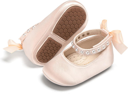 Baby Girls Mary Jane Flats - Infant Newborn Walking Shoes Soft Rubber Sole Princess Wedding