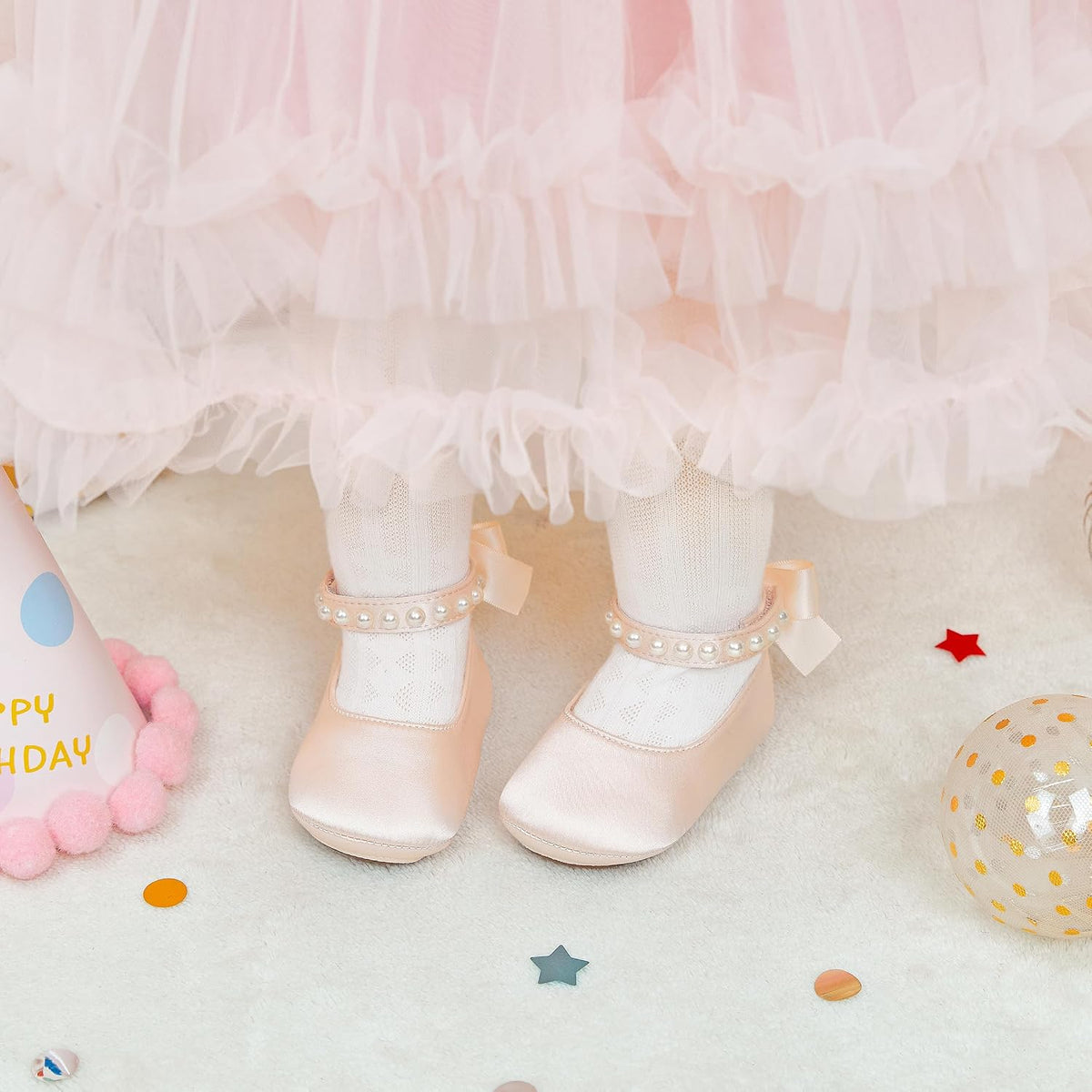 Baby Girls Mary Jane Flats - Infant Newborn Walking Shoes Soft Rubber Sole Princess Wedding