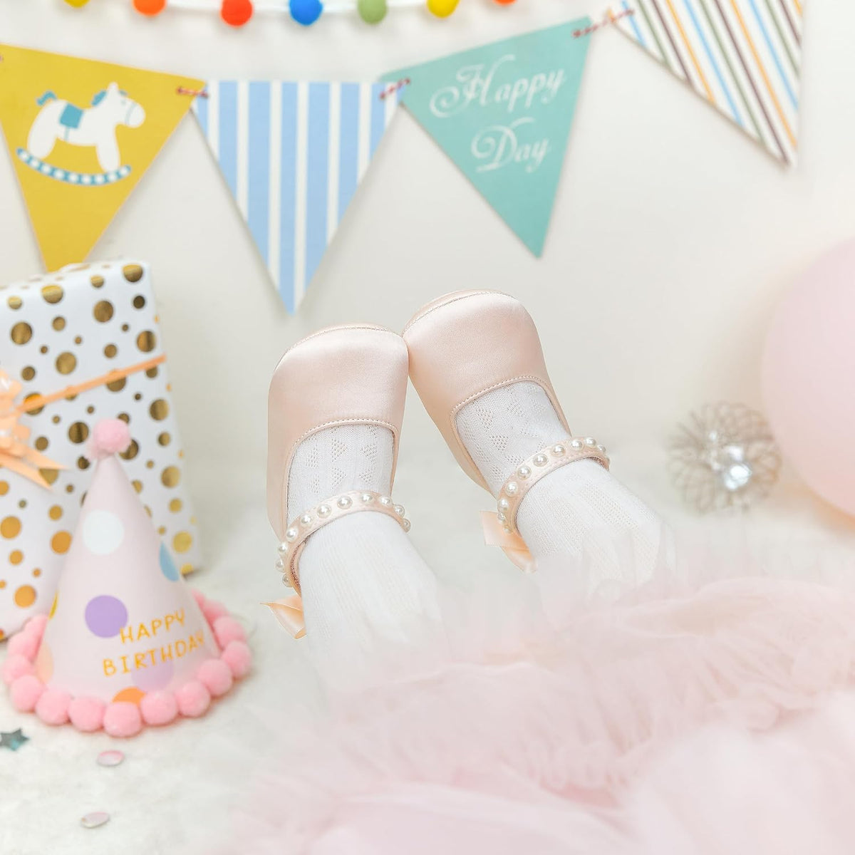 Baby Girls Mary Jane Flats - Infant Newborn Walking Shoes Soft Rubber Sole Princess Wedding