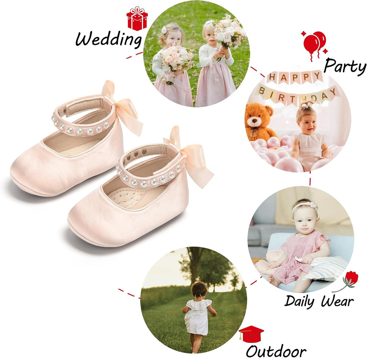 Baby Girls Mary Jane Flats - Infant Newborn Walking Shoes Soft Rubber Sole Princess Wedding