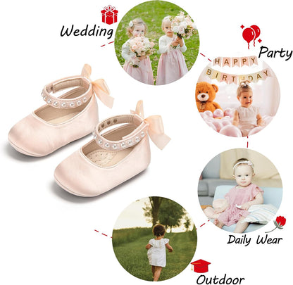 Baby Girls Mary Jane Flats - Infant Newborn Walking Shoes Soft Rubber Sole Princess Wedding