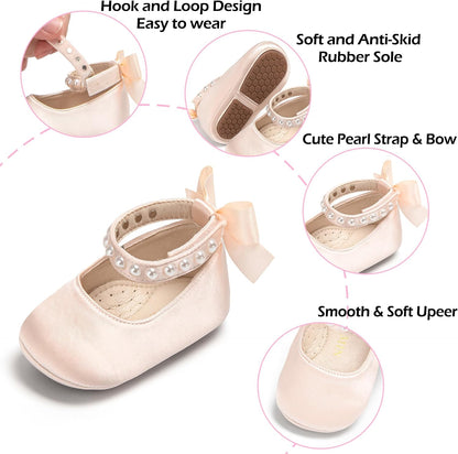 Baby Girls Mary Jane Flats - Infant Newborn Walking Shoes Soft Rubber Sole Princess Wedding