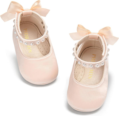 Baby Girls Mary Jane Flats - Infant Newborn Walking Shoes Soft Rubber Sole Princess Wedding