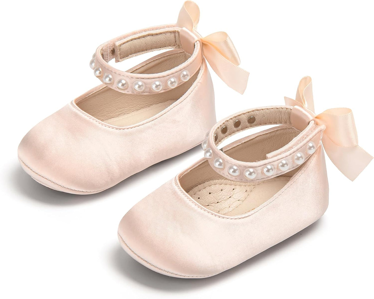 Baby Girls Mary Jane Flats - Infant Newborn Walking Shoes Soft Rubber Sole Princess Wedding