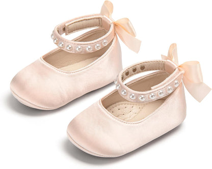 Baby Girls Mary Jane Flats - Infant Newborn Walking Shoes Soft Rubber Sole Princess Wedding