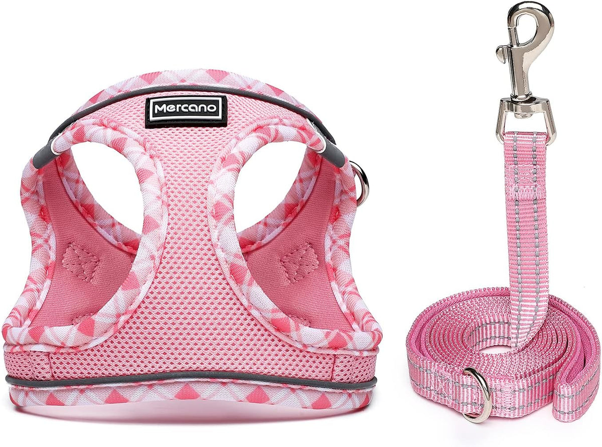 Soft Mesh Dog Harness and Leash Set, Step-in Reflective Breathable Lightweight Vest Harnesses with Safety Buckle for Small Dogs, Cats (Pink, S)