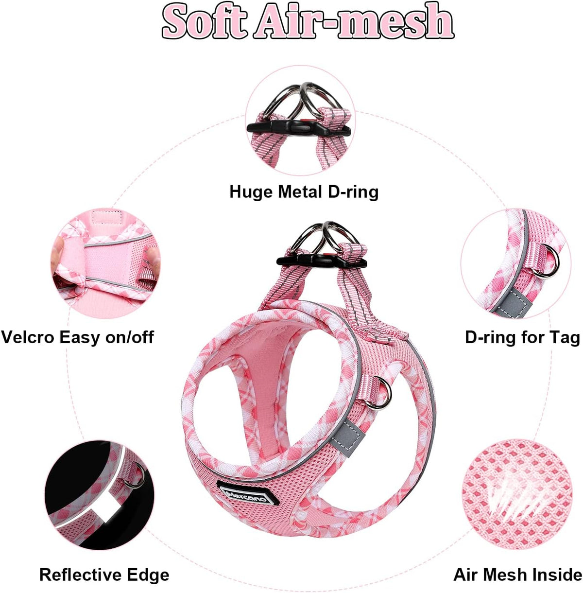 Soft Mesh Dog Harness and Leash Set, Step-in Reflective Breathable Lightweight Vest Harnesses with Safety Buckle for Small Dogs, Cats (Pink, S)