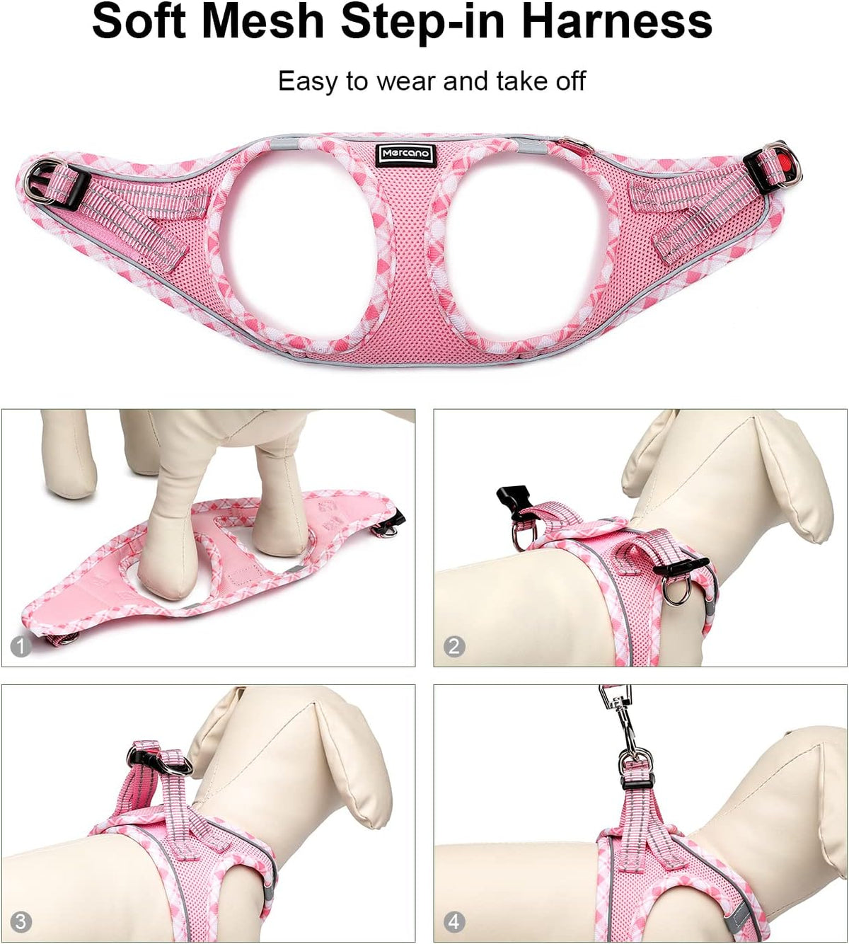 Soft Mesh Dog Harness and Leash Set, Step-in Reflective Breathable Lightweight Vest Harnesses with Safety Buckle for Small Dogs, Cats (Pink, S)