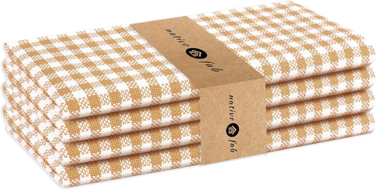 Native Fab Gingham Mini Check Set of 4 Cloth Dinner Napkins 16x16 inches Soft, Absorbent, Cotton Napkins - Reusable Everyday Use Fabric Napkins - Beige and White